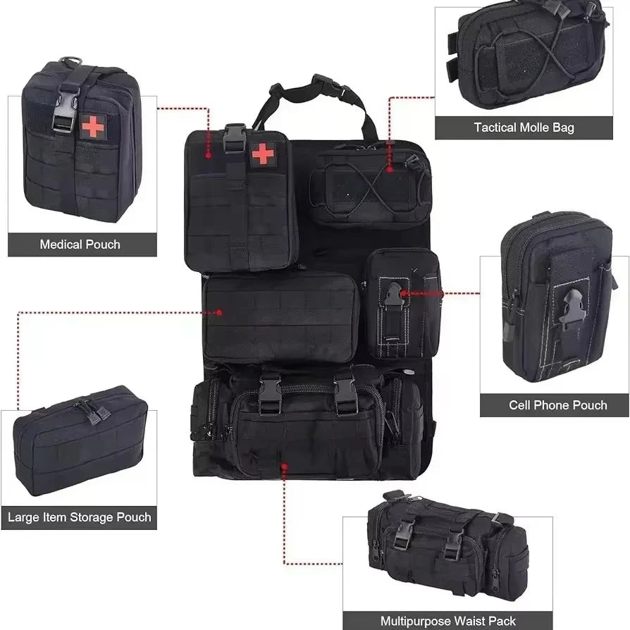 Tactical Seat Back Organizer Vehicle Molle Panel Storage, With 5 Detachable Molle Pouches, Universal Car Seat Organizer