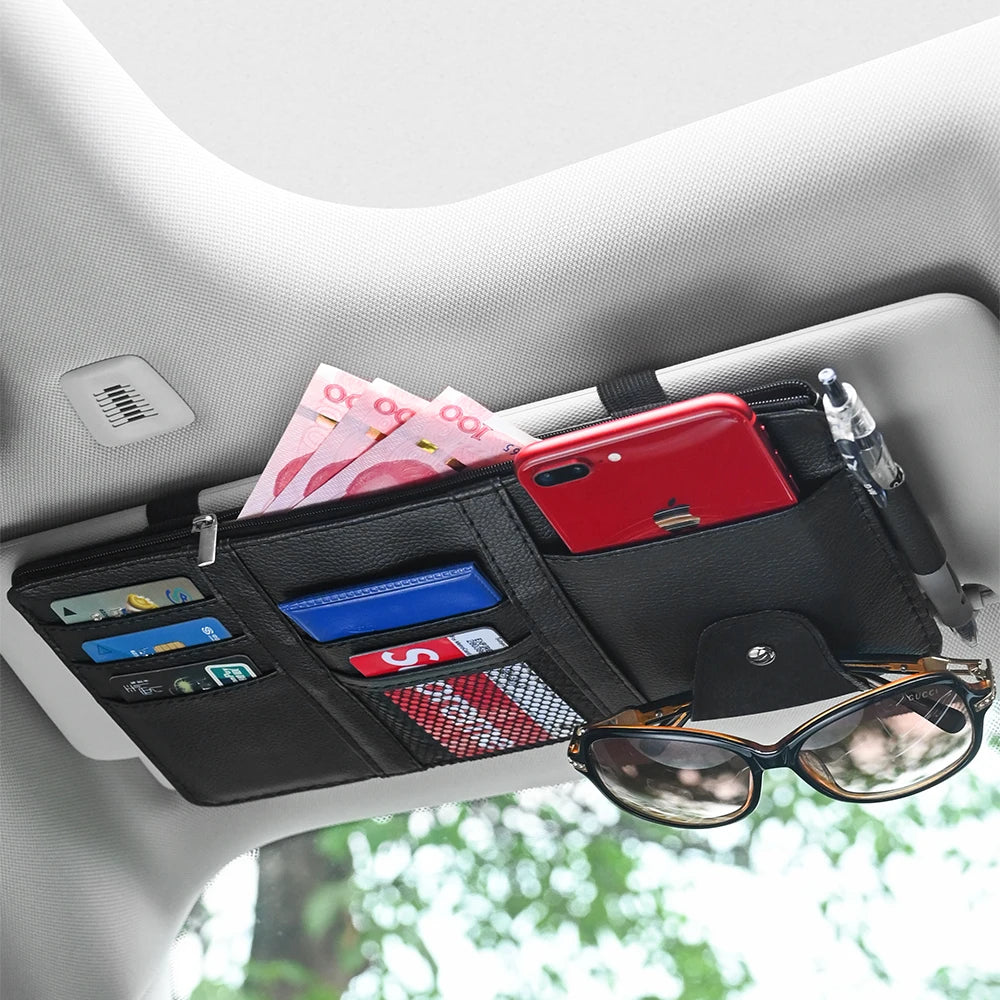 JFBONIN Car Sun Visor Organizer Storage Box with Sunglasses Clip Business Card Holder Bill Pen Holder - Vehicle Interior Accesso
