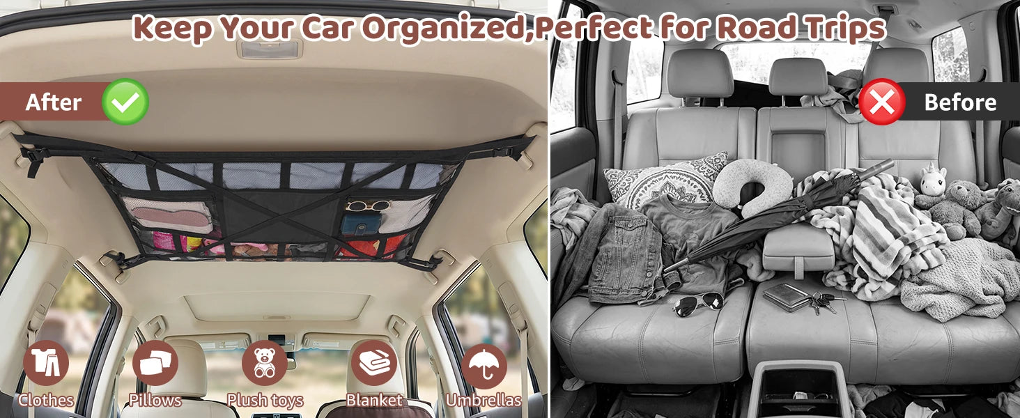 Extra Large Car Ceiling Cargo Net 43.3x27.5in, SUV Van Truck Roof Storage Organizer, Overhead Mesh Holder for Travel