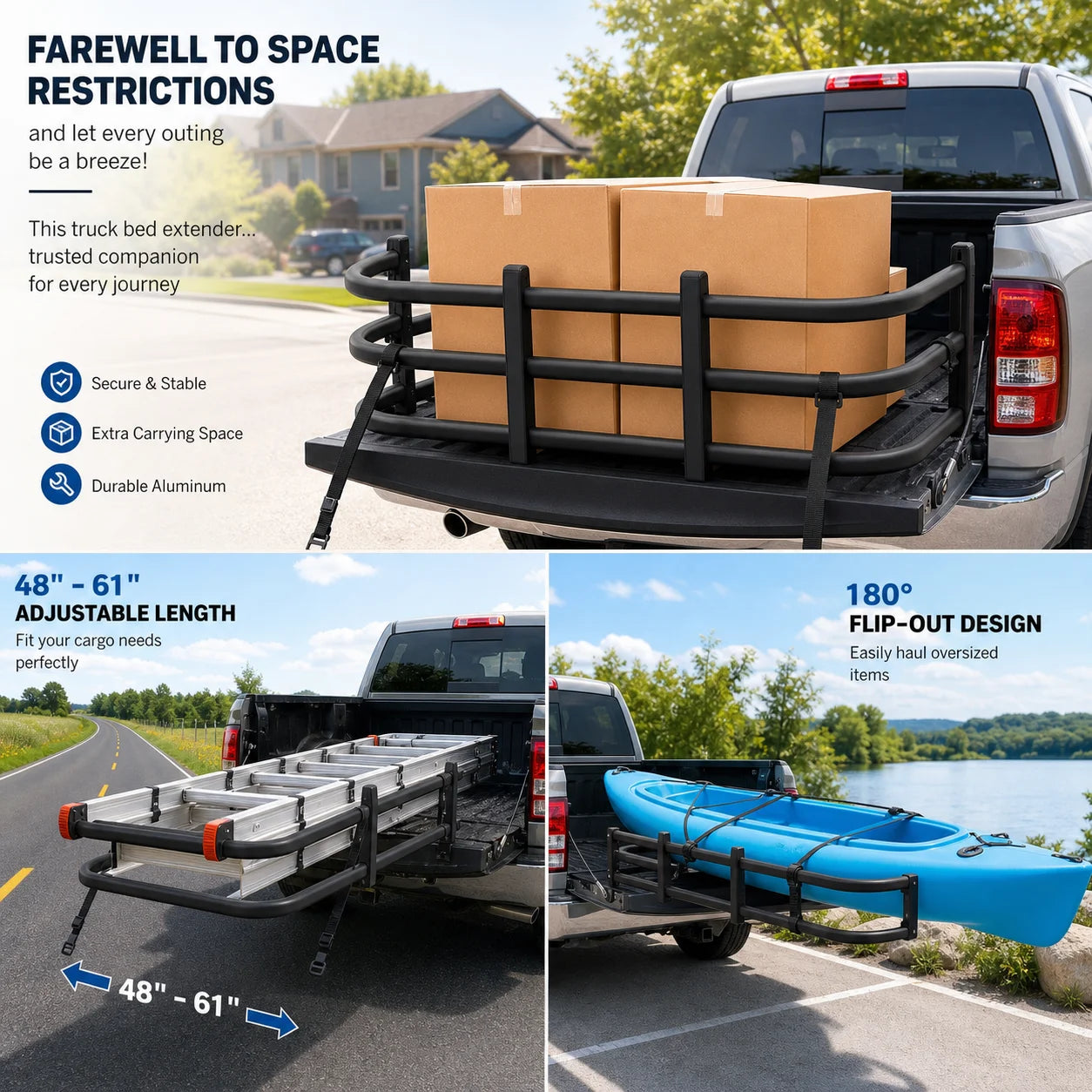 Adjustable Aluminum Truck Bed Extender 48-61 Inches with 180° Flip & 2 Fixation Straps