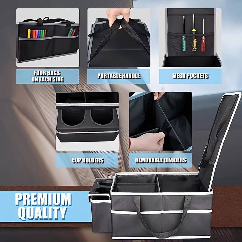 Foldable Car Trunk Storage Organizer with Removable Dividers Dual Cup Holders Lid Multi  Auto Cargo Storage Box for SUV Truck