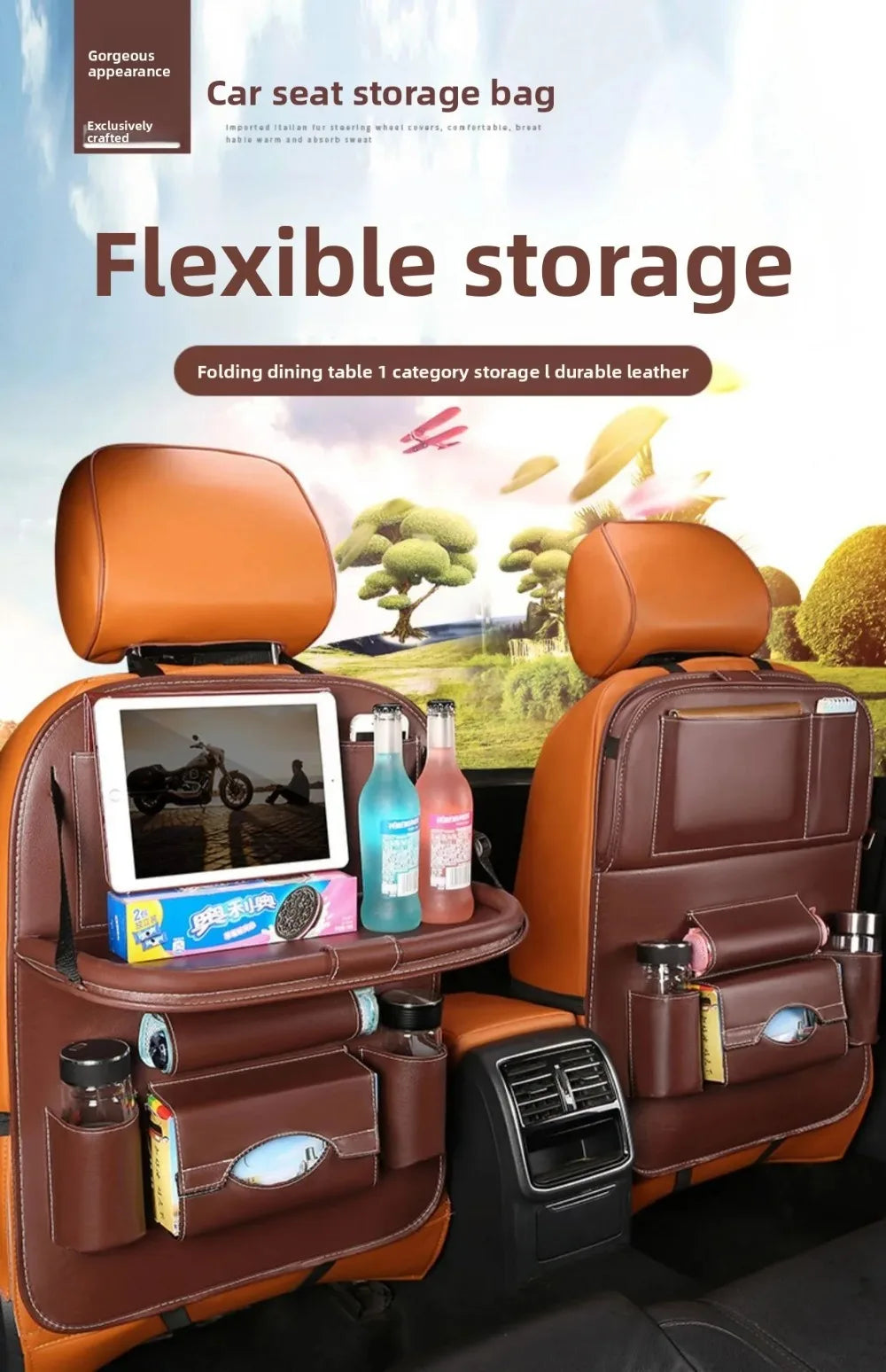 Car Back Seat Storage Holder Multi-Pocket Waterproof Organizer Large Capacit with Foldable Tray Cup/Tissue Holder Storage Pocket