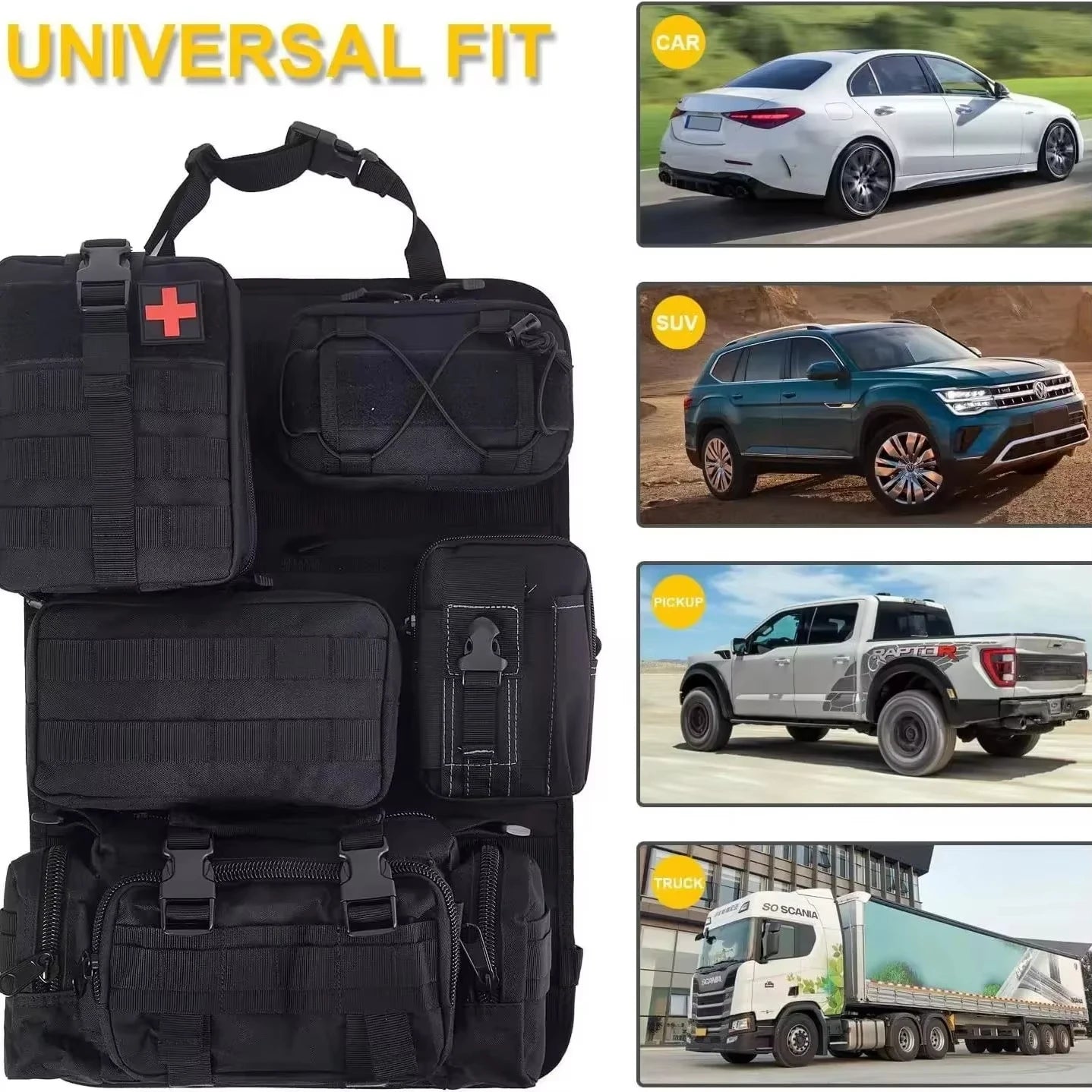 Tactical Seat Back Organizer Vehicle Molle Panel Storage, With 5 Detachable Molle Pouches, Universal Car Seat Organizer