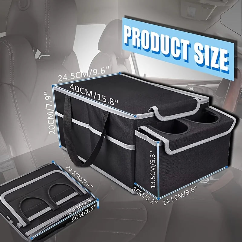 Foldable Car Trunk Storage Organizer with Removable Dividers Dual Cup Holders Lid Multi  Auto Cargo Storage Box for SUV Truck