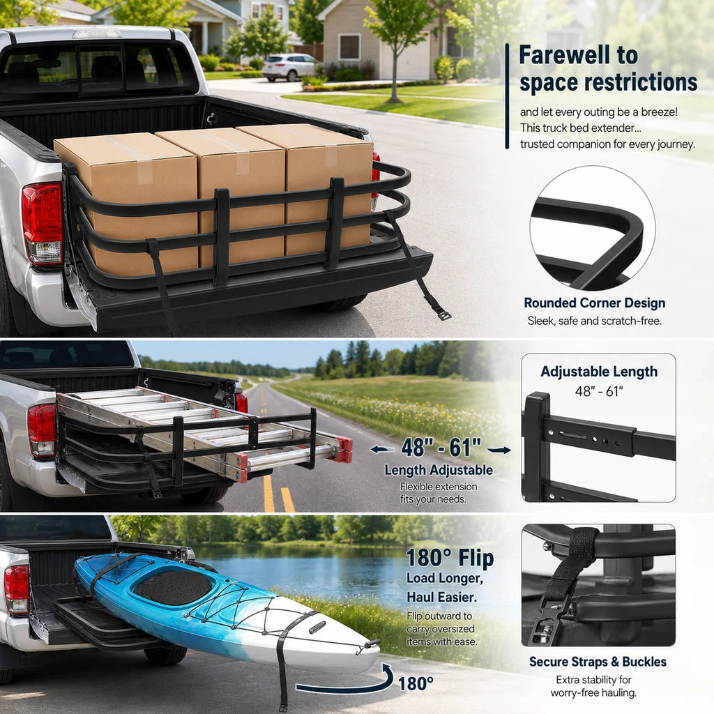 Adjustable Aluminum Truck Bed Extender 48-61 Inches with 180° Flip & 2 Fixation Straps