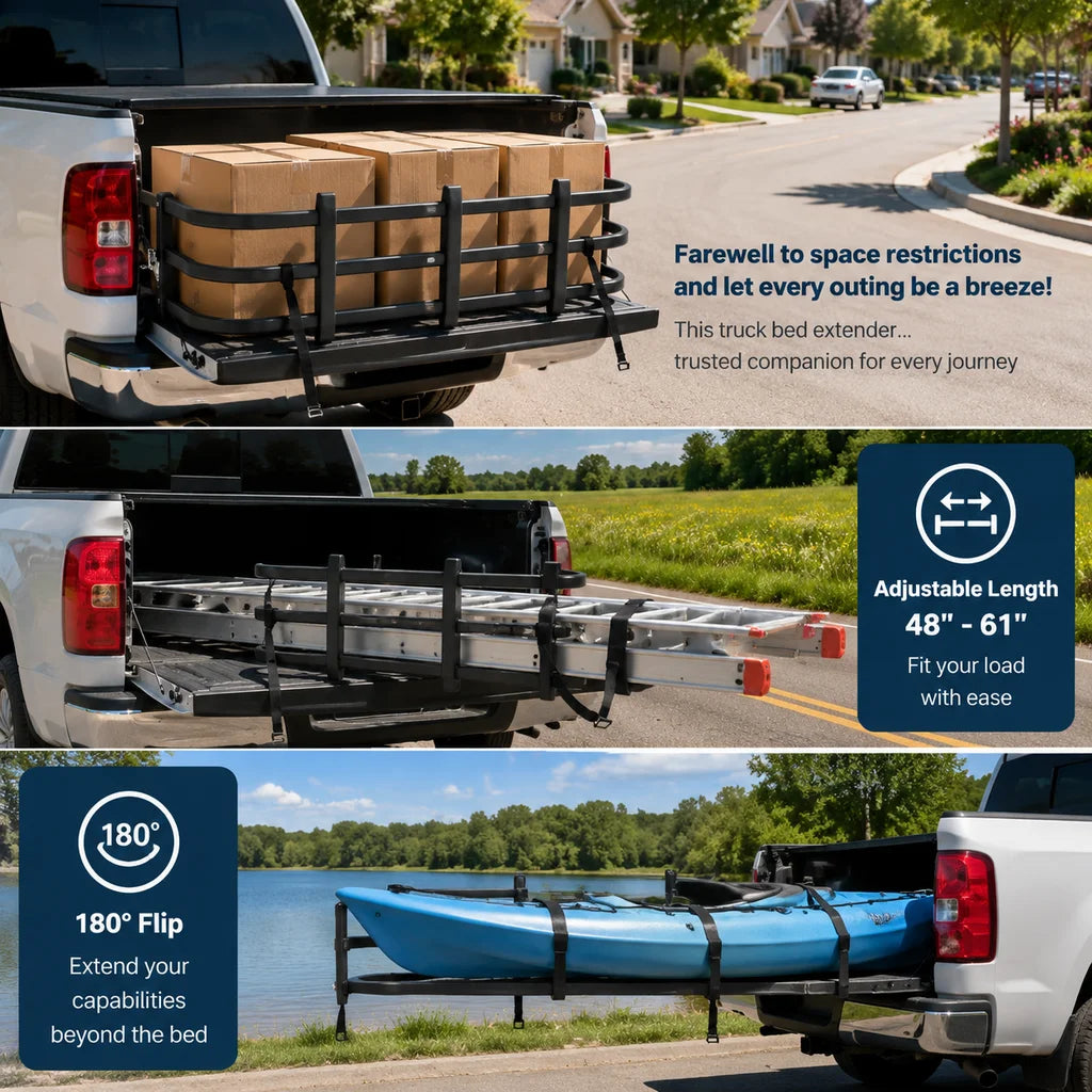 Adjustable Aluminum Truck Bed Extender 48-61 Inches with 180° Flip & 2 Fixation Straps