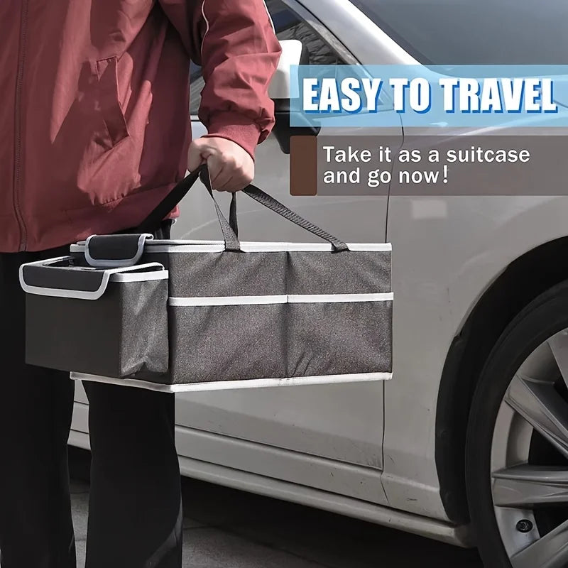 Foldable Car Trunk Storage Organizer with Removable Dividers Dual Cup Holders Lid Multi  Auto Cargo Storage Box for SUV Truck