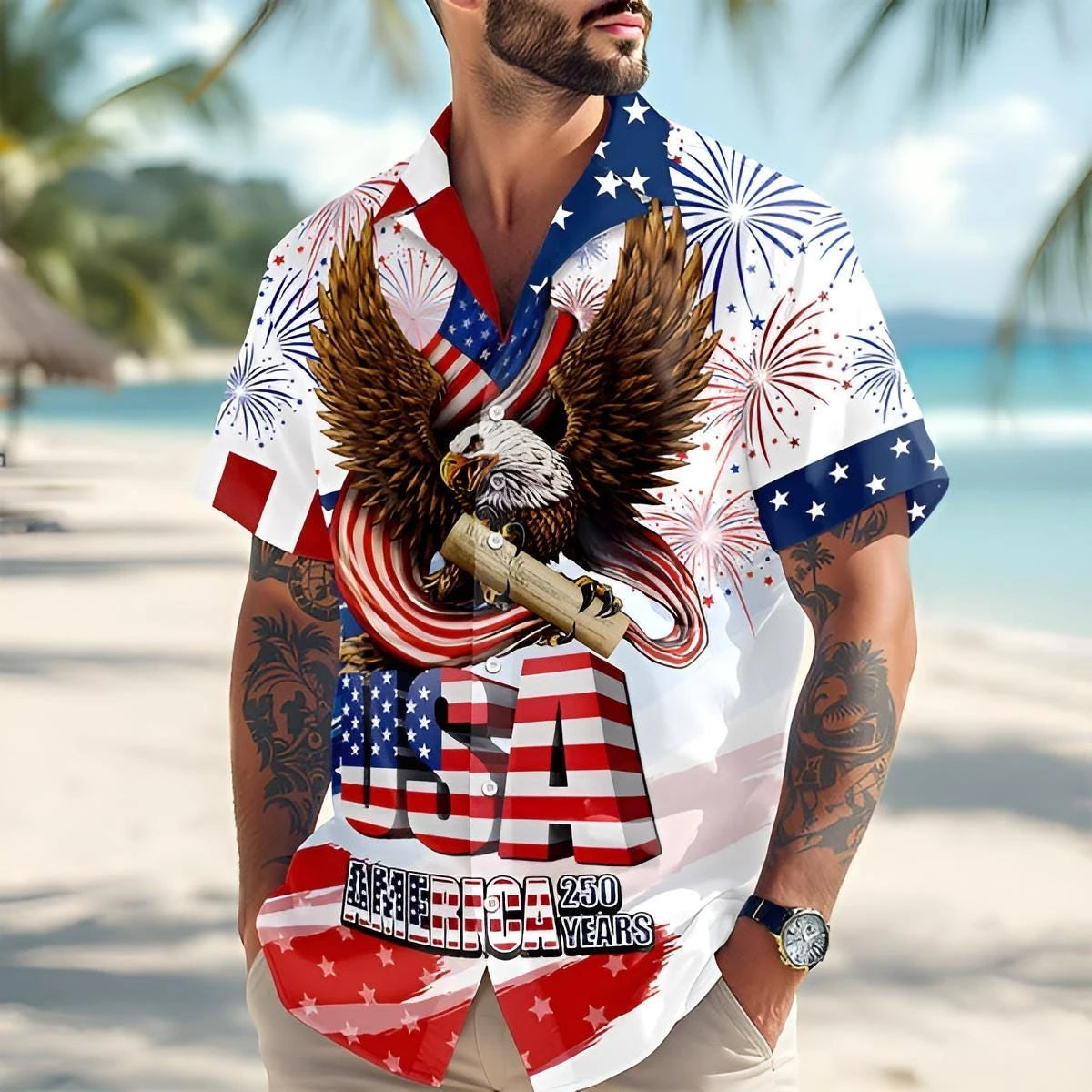 New 250th Anniversary America Hawaiian Shirt 250 Years USA Independence Day Shirt 1776-2026 Clothing 4th Of July Patriotic Gift