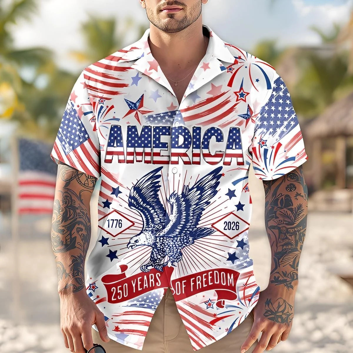 New 250th Anniversary America Hawaiian Shirt 250 Years USA Independence Day Shirt 1776-2026 Clothing 4th Of July Patriotic Gift