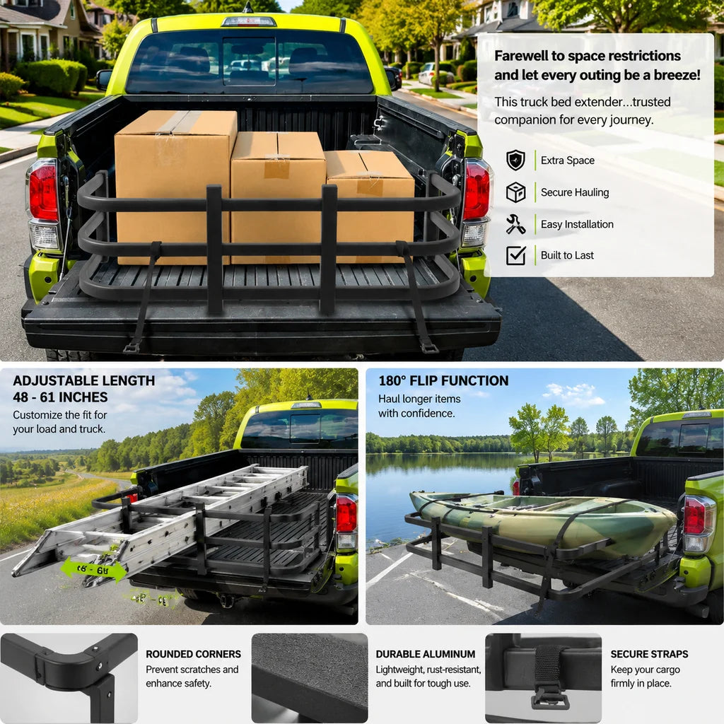Adjustable Aluminum Truck Bed Extender 48-61 Inches with 180° Flip & 2 Fixation Straps