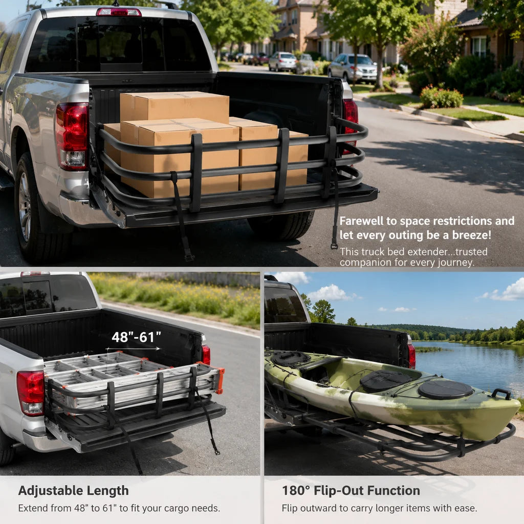 Adjustable Aluminum Truck Bed Extender 48-61 Inches with 180° Flip & 2 Fixation Straps