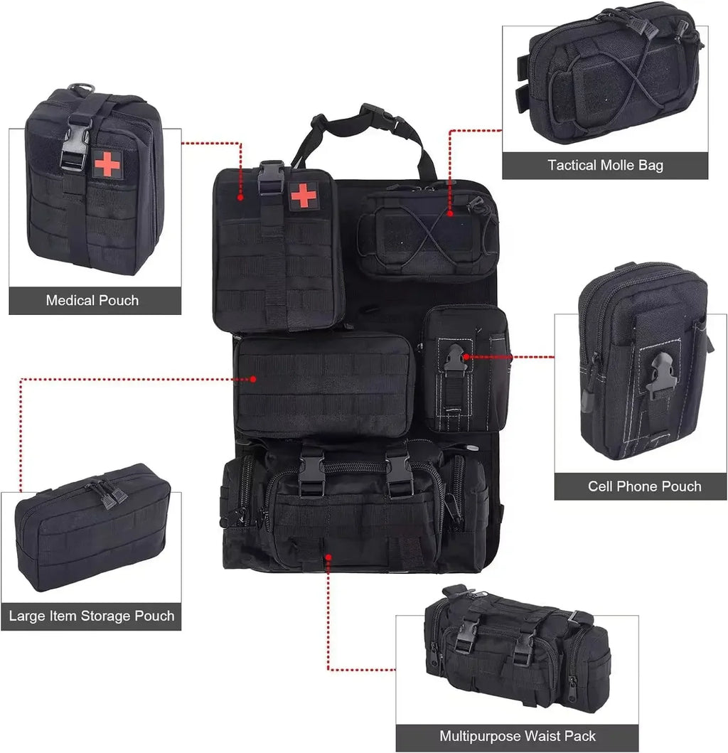 Tactical Seat Back Organizer Vehicle Molle Panel Storage, With 5 Detachable Molle Pouches, Universal Car Seat Organizer