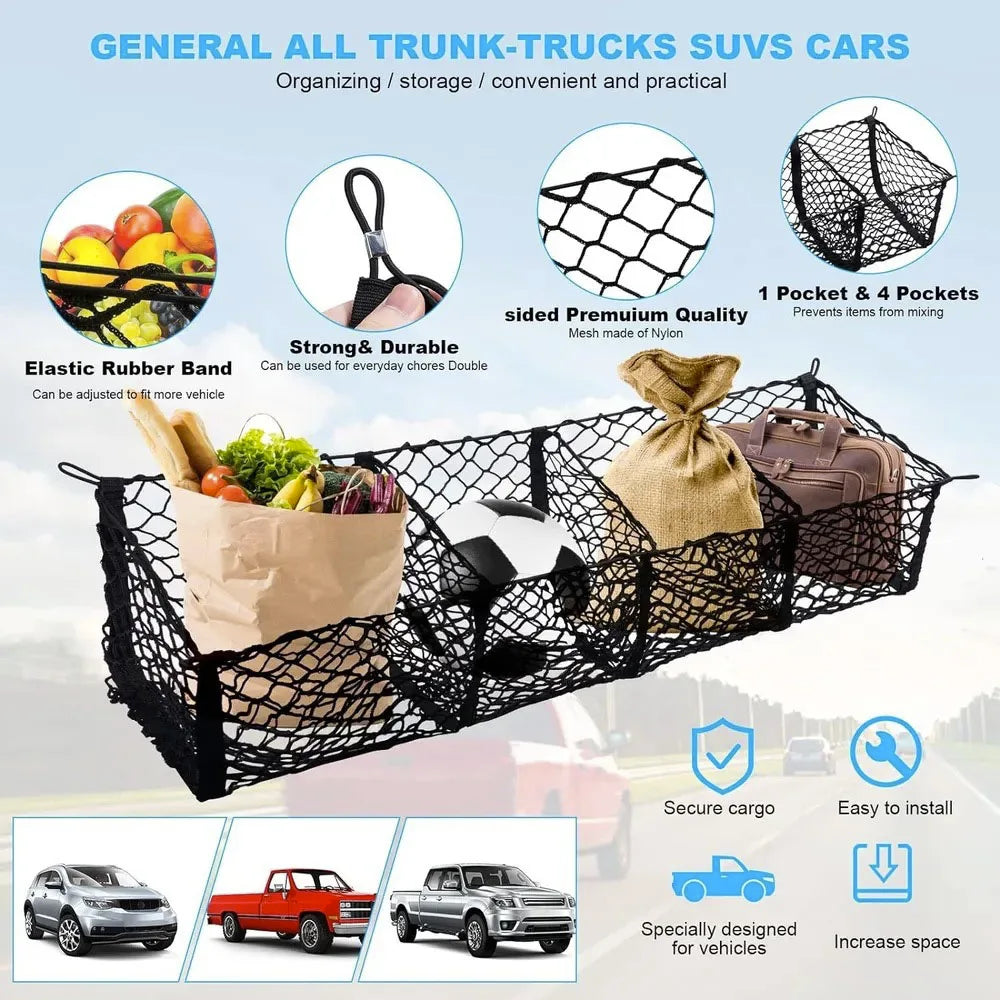 Cargo Net Trunk Bed Organizer,Mesh Storage Net with 4 Metal Hooks, Heavy Duty Cargo Net for SUV,Car,Pickup Truck Bed