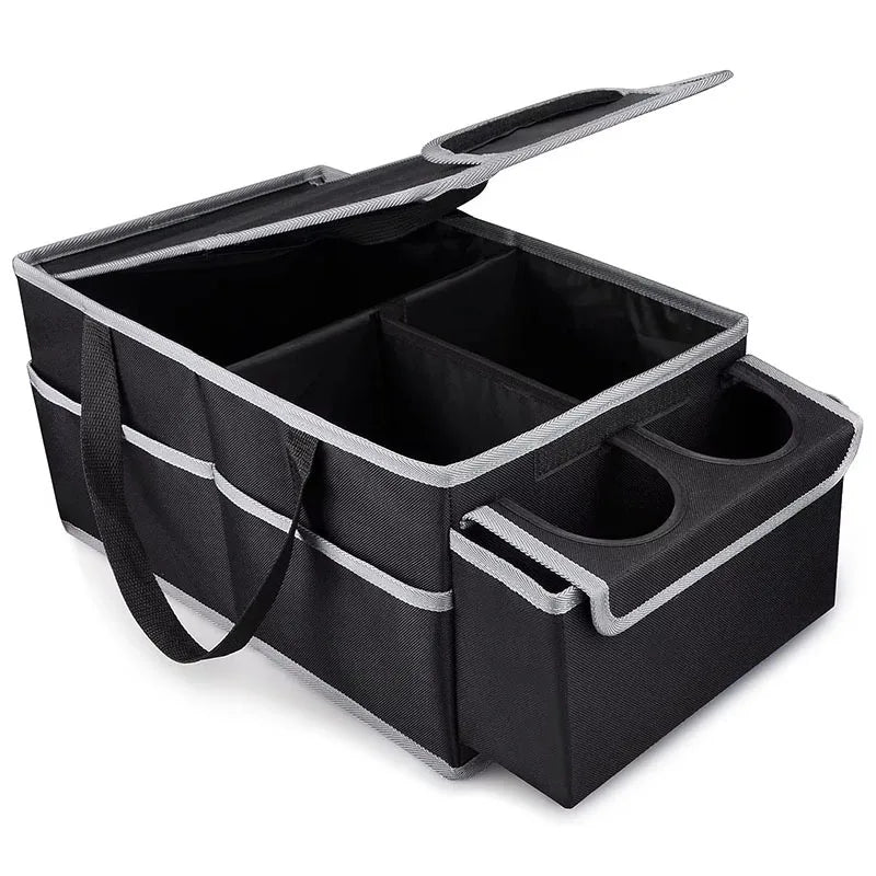 Foldable Car Trunk Storage Organizer with Removable Dividers Dual Cup Holders Lid Multi  Auto Cargo Storage Box for SUV Truck