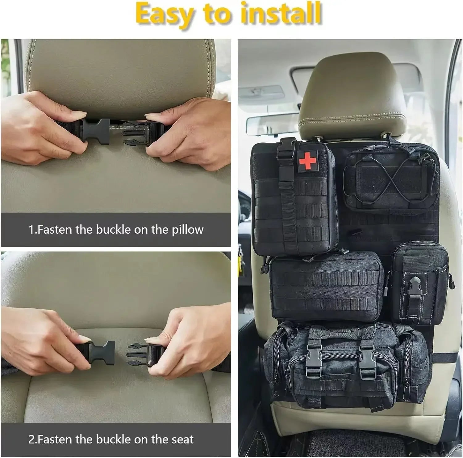 Tactical Seat Back Organizer Vehicle Molle Panel Storage, With 5 Detachable Molle Pouches, Universal Car Seat Organizer