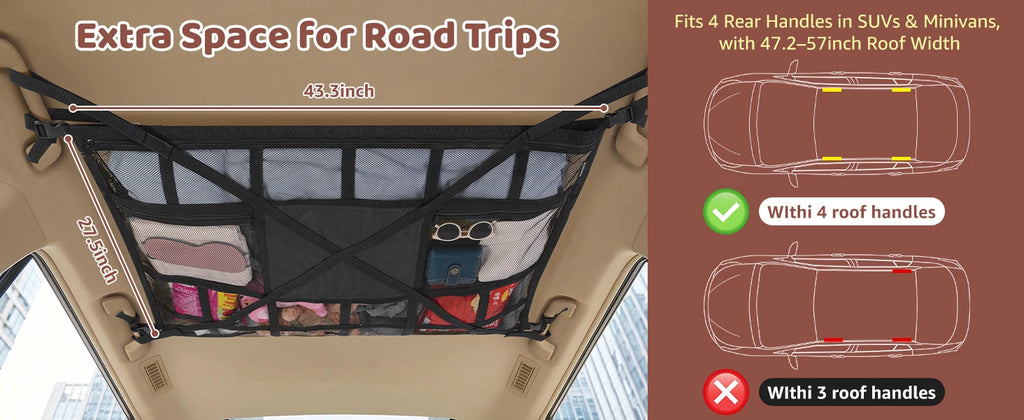 Extra Large Car Ceiling Cargo Net 43.3x27.5in, SUV Van Truck Roof Storage Organizer, Overhead Mesh Holder for Travel