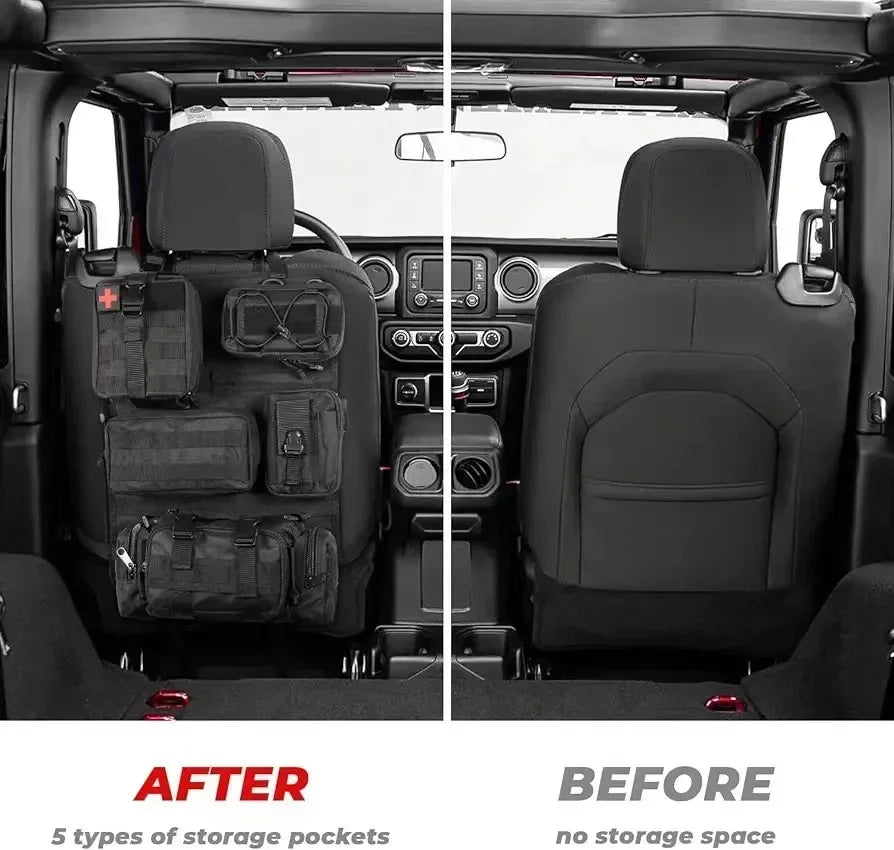 Tactical Seat Back Organizer Vehicle Molle Panel Storage, With 5 Detachable Molle Pouches, Universal Car Seat Organizer