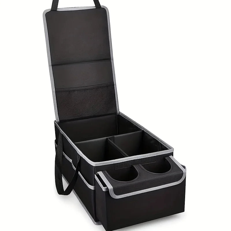 Foldable Car Trunk Storage Organizer with Removable Dividers Dual Cup Holders Lid Multi  Auto Cargo Storage Box for SUV Truck