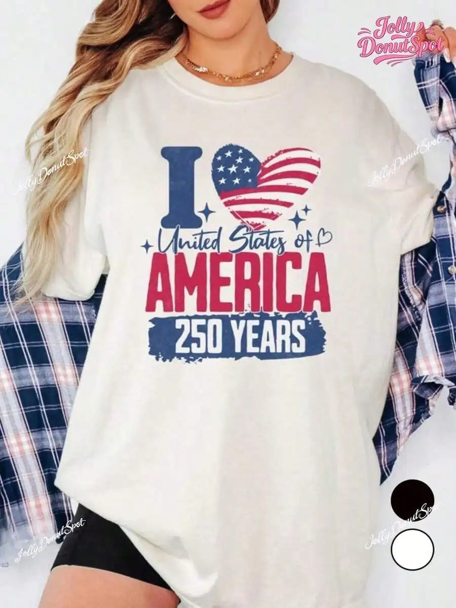 I Love USA 250 Years & 250th Anniversary USA Flag Graphic T-Shirt Patriotic 4th of July Oversized Tops Graphic T Shirts