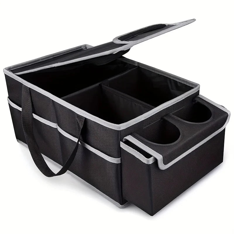 Foldable Car Trunk Storage Organizer with Removable Dividers Dual Cup Holders Lid Multi  Auto Cargo Storage Box for SUV Truck