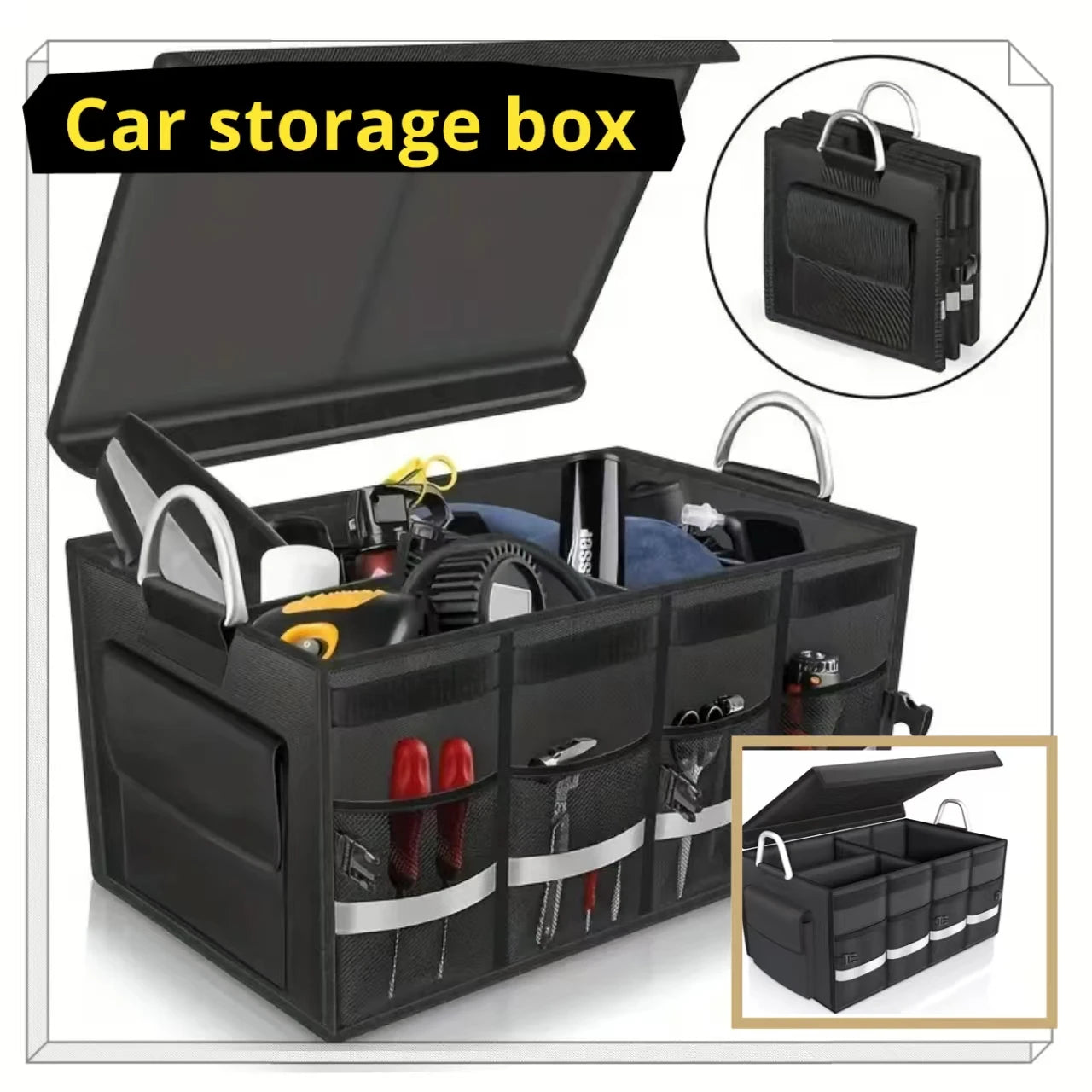 Trunk storage box for cars, practical, waterproof, anti-slip, foldable, with aluminum handle and reflective strip