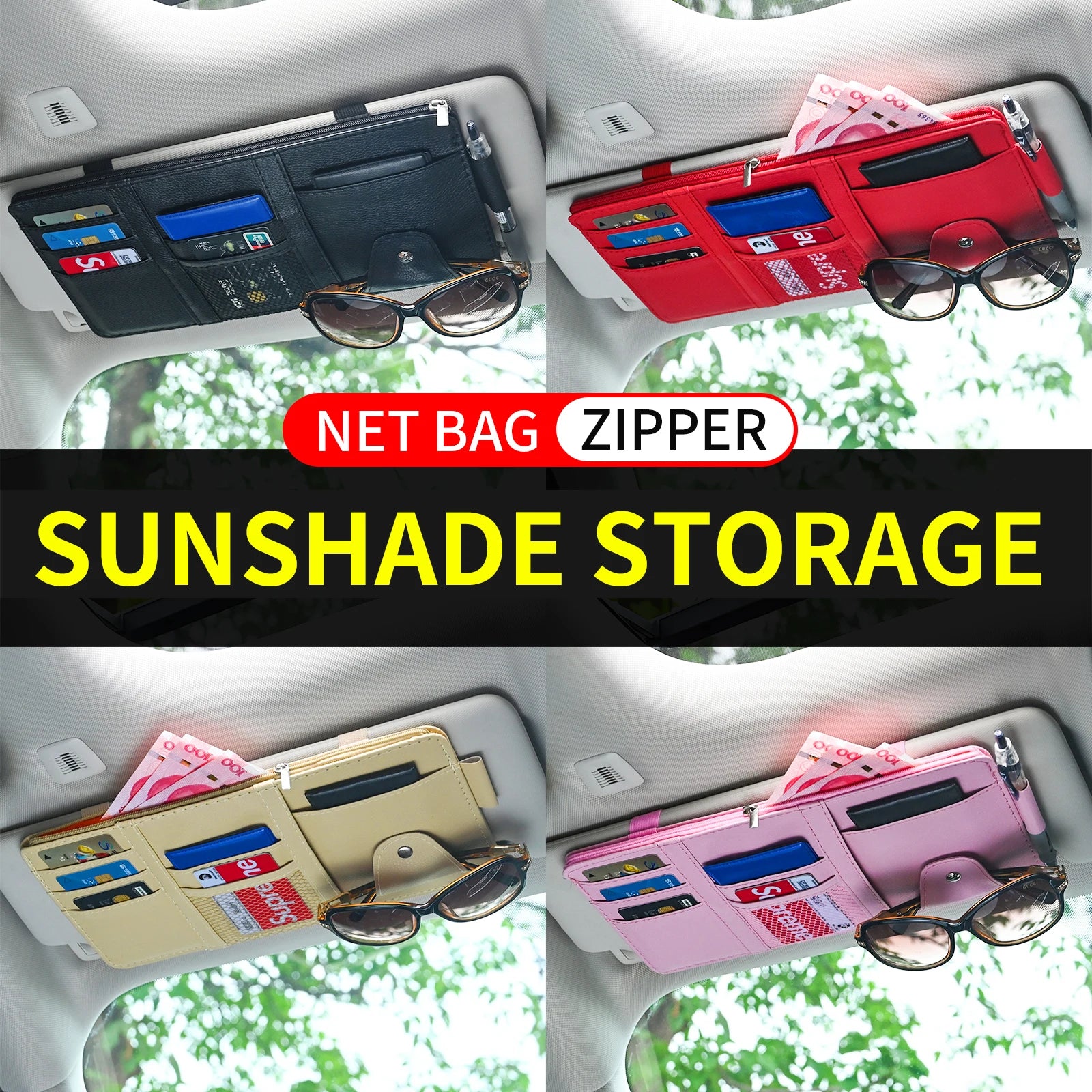 JFBONIN Car Sun Visor Organizer Storage Box with Sunglasses Clip Business Card Holder Bill Pen Holder - Vehicle Interior Accesso